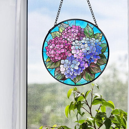 Hydrangea Flower Stained Glass Window Hanging, Cottagecore Hydrangea Floral Sun Catchers Indoor Window Round Glass Wall Art Decor, Flower Suncatcher Wall Hanging Gardening & Lawn Care