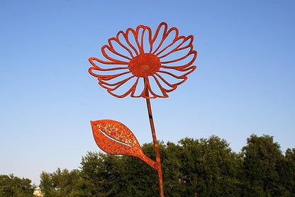Metal Rustic and Colorful Flower Stakes Ranging from 9.5 to 36 Inches Tall (Daisy Stake 23" Tall, Naturally Rusted)