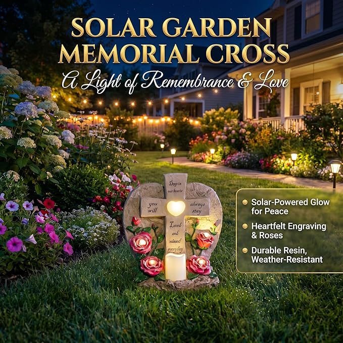 ZQQLITE Solar Lights for Cemetery Memorial Cross Statue with LED Lights & Roses Gift for Loss of Loved One, Garden Grave Markers Decor
