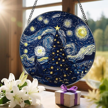 8-Inch Starry Night Christmas Tree Suncatcher Ornament, Stained Glass Window Hanging & Stained Glass Holiday Ornament, Sun Catcher Window Decor, Van Gogh’s Keepsake, Gifts for Christmas & Holidays