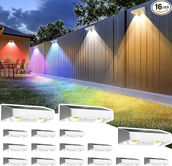 SOLPEX Solar Fence Lights Outdoor, 9 Fixed Colors ＆ Color Changing Fence Solar Lights Outdoor Waterproof IP65, LED Deck Lighting for Backyard Wall Step Patio Railing Pool Porch (16 Pack)