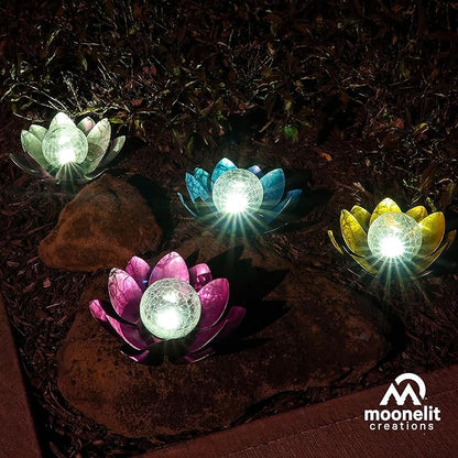 MCSLOTUS-V Violet Lotus Flower Solar LED Garden Light with Crackled Glass Globe – Waterproof Metal Outdoor Décor