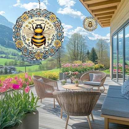 Bee Wind Spinners Outdoor, Hanging Wind Spinner for Garden Decoration, 8 inch 3D Stainless Steel Metal Wind Sculpture for Indoor/Outdoor Decor