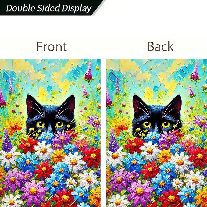 BlissYard Spring Black Cat Garden Flag 12×18 Inch Double Sided Small Black Cat Flower Floral Garden Yard Flags for Spring Summer Outside Outdoor House Decoration Banner
