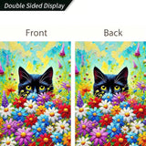 BlissYard Spring Black Cat Garden Flag 12×18 Inch Double Sided Small Black Cat Flower Floral Garden Yard Flags for Spring Summer Outside Outdoor House Decoration Banner