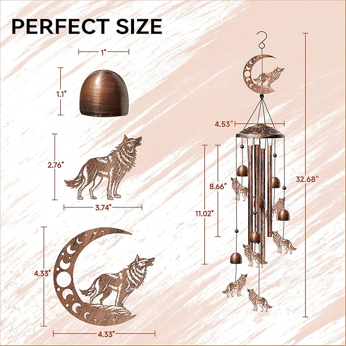 Wolf Wind Chimes for Outside, Decorative Wind Chimes Wolf Gifts for Women/Men, Memorial/Birthday Gifts, Garden Decor for Outside, Patio or Yard, Durable Chimes for Outdoors