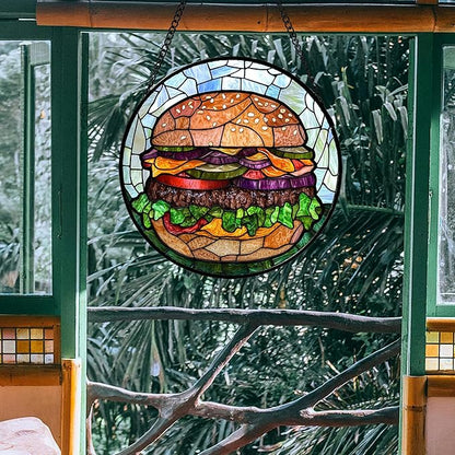 CHATYOUNG Stained Glass Window Hanging Big Beef Burger Large 11.8" - Cute Suncatcher Door Garden Kitchen Sun Catcher Exquisite Home Decor Christmas for Mom Woman Nana Friend Men Kids