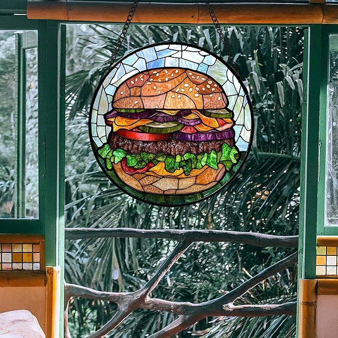 CHATYOUNG Stained Glass Window Hanging Big Beef Burger 9.8" - Cute Suncatcher Door Garden Kitchen Sun Catcher Exquisite Home Decor Christmas for Mom Woman Nana Friend Men Kids