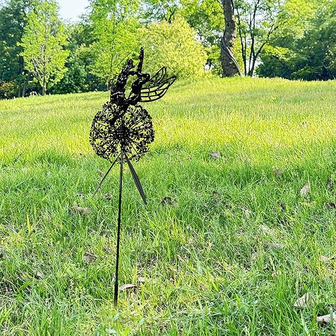 Flower Fairy Dancing with Dandelion Garden Sculpture,Angel Metal Ornaments Stainless Steel Statue Decorations,Wonderland Outdoor Yard Lawn Patio Stakes Sculptures Decor (E)