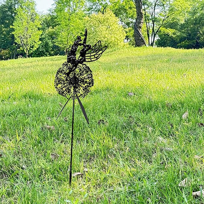 Flower Fairy Dancing with Dandelion Garden Sculpture,Angel Metal Ornaments Stainless Steel Statue Decorations,Wonderland Outdoor Yard Lawn Patio Stakes Sculptures Decor (E)
