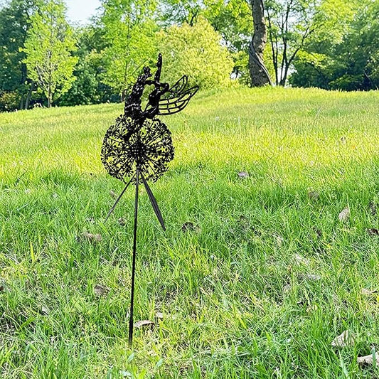 Flower Fairy Dancing with Dandelion Garden Sculpture,Angel Metal Ornaments Stainless Steel Statue Decorations,Wonderland Outdoor Yard Lawn Patio Stakes Sculptures Decor (E)