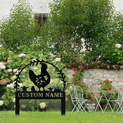 Personalized Metal Chicken Garden Signs with Stake, Custom Garden Signs for Outside Waterproof, Customized Name Sign Yard Lawn Gardens Decor Gardening Gifts for Moms Grandmas Gardeners