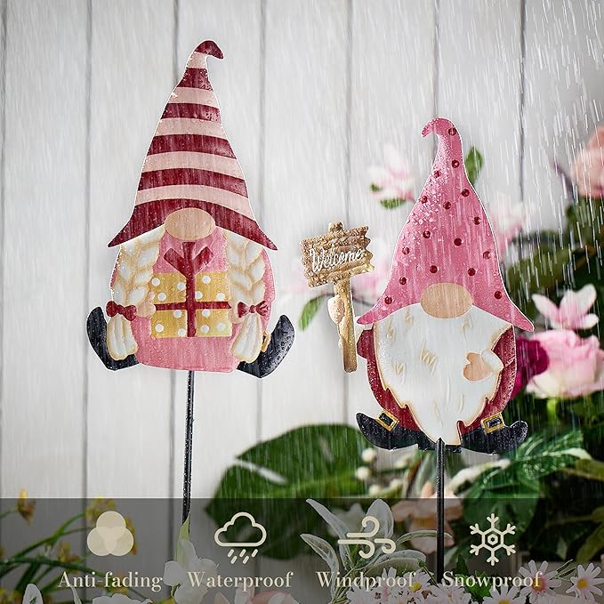 TERESA'S COLLECTIONS Valentines Decorations Outdoor for Home, 2Pcs Metal Gnomes Decor Garden Stakes, Valentine Yard Stakes Gifts for Her Him, Welcome Yard Signs for Outside Lawn Porch Patio, 23"