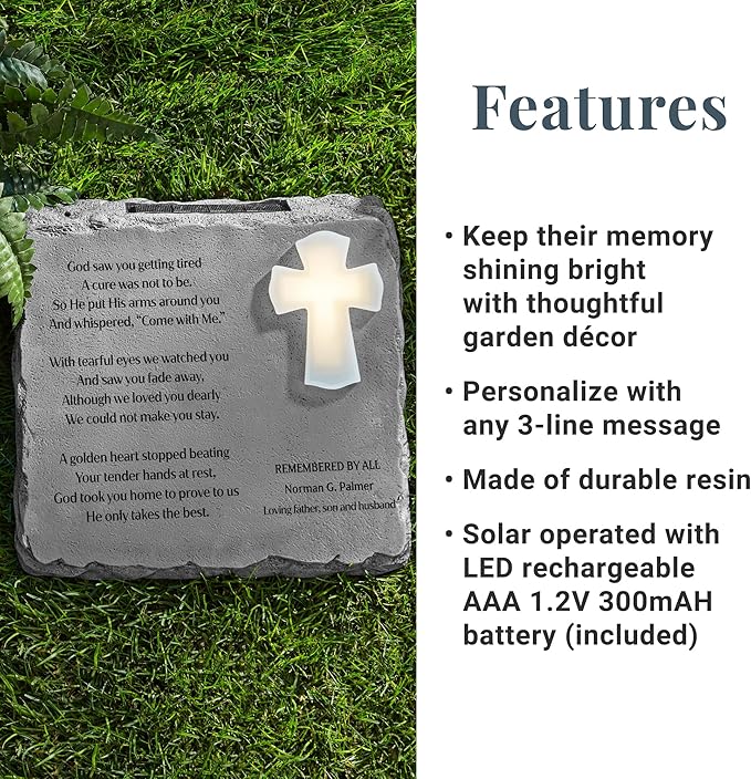 Let's Make Memories Personalized Memorial Garden Stone - Engraved Sympathy Garden Marker - Condolences - Solar Cross