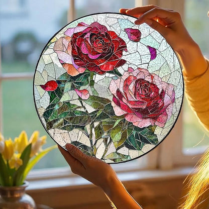 Pink Red Roses Stained Glass Window Hanging Suncatchers Valentine Roses Glass Panel Hangings Vintage Floral Window Decor Flowers Lovers Gift for Women Mom Spring Garden Nature Ornament 5.9inch
