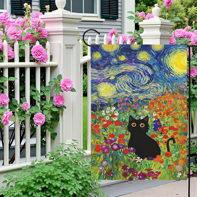 Spring Cat Garden Flag Van Gogh Style Black Cats Yard Falgs Vibrant Starry Night Floral Colorful Summer Artistic Kitty Flower Field House Banner for Porch Patio Lawn Pathway 12x18 Inch