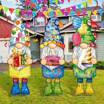 Umigy 3 Pcs 32 x 10 Inch Happy Birthday Yard Decor Outdoor Gnome Sign with Stakes Gift Boxes Cake Balloon Gnome Garden Sign Outdoor Yard Decor for Birthday Party Lawn Decorations