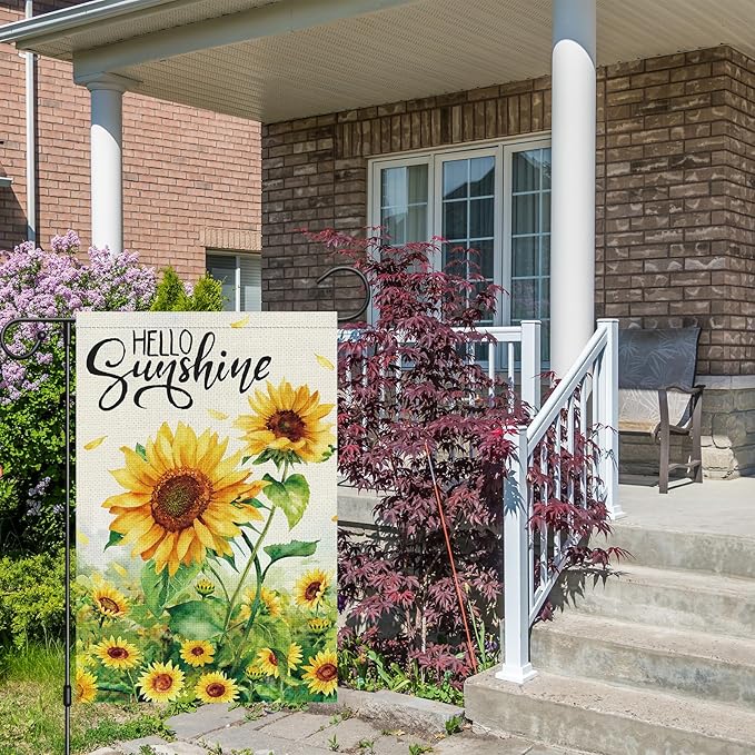 Spring Summer Sunflower Garden Flag 12x18 Inch Double Sided Burlap for Outside，Hello Sunshine Yard Sign Seasonal Holiday Outdoor Decoration