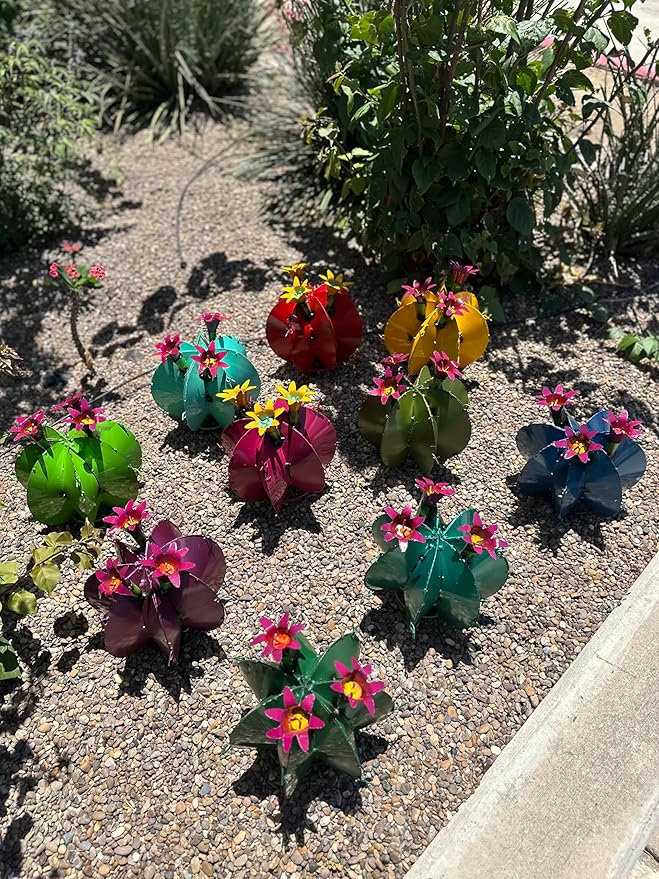 Handmade Metal Bisnaga Cactus with Flowers - Garden Art Decor (Lime)