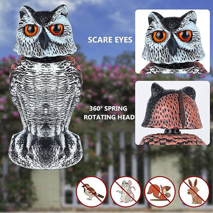 Hausse 2 Pack Fake Owl Decoy Bird Scarecrow Sculpture, Rotating Head Plastic Owl Bird Deterrents, Nature Enemy Horned Pest Repellent for Outdoor Garden Yard