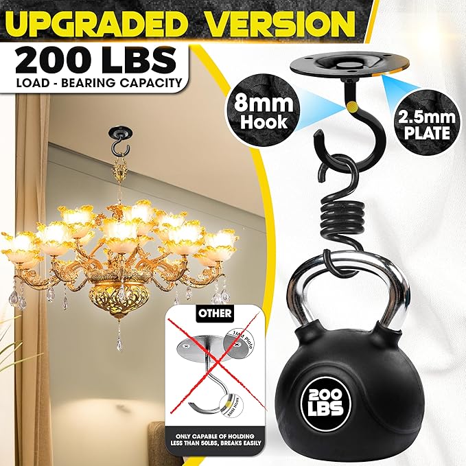 [UPGRADED] 2Pcs 200LBS Rotatable Ceiling Hooks Black Firmly Wall Mount Metal Hangers Round Ceiling Hook for Hanging Hanging Plants, Bird Feeder, Lights, Bed Canopy, Wind Chime, Indoor Outdoor Decor