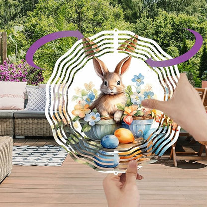 Easter Bunny Wind Spinner Easter Day Gifts 3D Metal Kinetic Hanging Wind Sculpture Spinners for Yard and Garden Indoor Outdoor Window Easter Rabbit Yard Art Garden Decoration 8 Inch (Bunny 3)