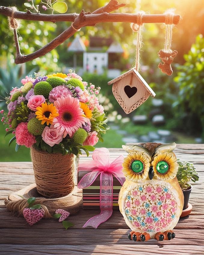 GoGnome Hand-Painted Resin Owl Figurine with Glow-in-The-Dark Eyes, Solar-Powered Garden Decor 5.5'' Lawn Ornaments Statue Gardening Gifts for Outside Yard Art Patio (Owl)
