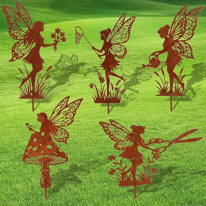 Novabright 5 Pcs Decorative Garden Stakes Metal Fairy Silhouette Set Stakes Outdoor Yard Art Decor Fairy Garden Sign for Lawn Flower Bed Planter Pot Landscaping(Rust)