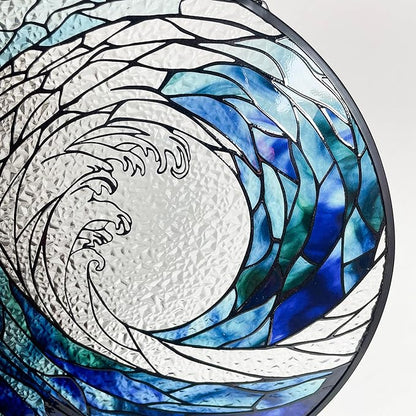 Ocean Waves Stained Glass Suncatcher, Handmade Window Hanging Wall Art with Chain, Real Glass Coastal Home Decor, Unique Sun Catcher Gift for Women, Christmas, 9.8