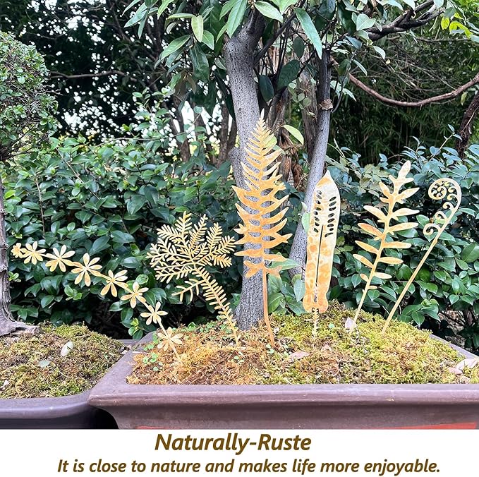 Metal Flowers for Outside,Flower Bed Decor Rusty Plant Stakes,Rusty Fern Art for Outdoor,Garden Stakes Decorative,Plant Decorations for Pots,Metal Fern Garden Sculptures and Yard Art, Lawn Ornaments