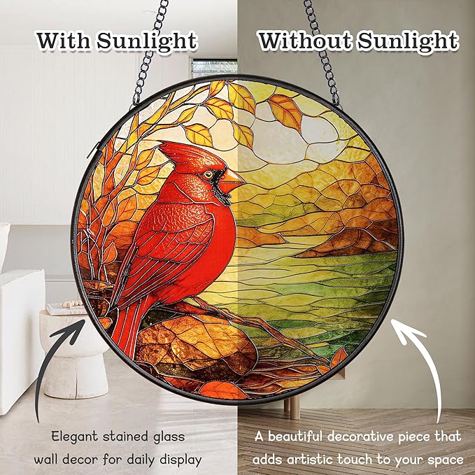 Cardinal Suncatcher for Windows Hanging - 6.3" Stained Glass Memorial Day Decorations - Round Red Bird Decor, Sympathy Gifts for Loss of Loved One, Remembrance Keepsake for Home & Garden