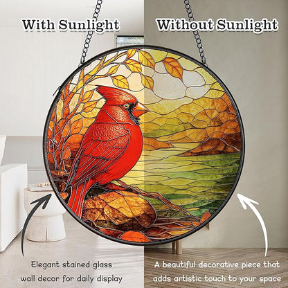 Cardinal Suncatcher for Windows Hanging - 6.3" Stained Glass Memorial Day Decorations - Round Red Bird Decor, Sympathy Gifts for Loss of Loved One, Remembrance Keepsake for Home & Garden