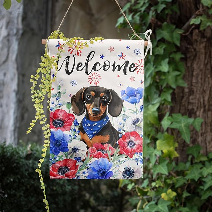 4th of July Dachshund Garden Flag Red White Blue Floral Weiner Dog Yard Flags Small Memorial Independence Day Banner 12x18 Double Sided for Outside Outdoor Patriotic Decor
