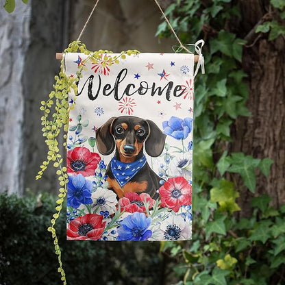 4th of July Dachshund Garden Flag Red White Blue Floral Weiner Dog Yard Flags Small Memorial Independence Day Banner 12x18 Double Sided for Outside Outdoor Patriotic Decor