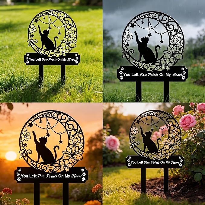 Cat Grave Marker Memorial ,Cat Headstone,Metal Pet Grave Decorations for Cemetery,Cat Memorial Gifts with Garden Cat Silhouette,Waterproof Pet Headstone Memorial for Yard, Garden or Indoor Memorial