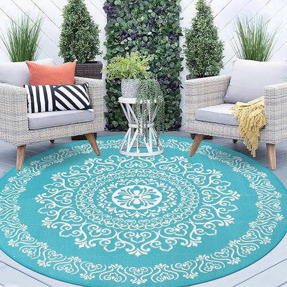 Pauwer Waterproof Outdoor Rug 8ft, Reversible Plastic Straw Patio Camping Rug, Indoor Outdoor RV Mat Carpet for Deck, Camper, Porch, Balcony, Backyard, Picnic, Floral Teal
