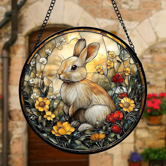 DASTOLL Stained Glass Window Hanging - Rabbit Flowers Suncatcher Ready to Hang Window Doors Home Decoration, Easter, Mother's Day Birthday Gifts for Women, Men, and Mom 11.8x11.8 in