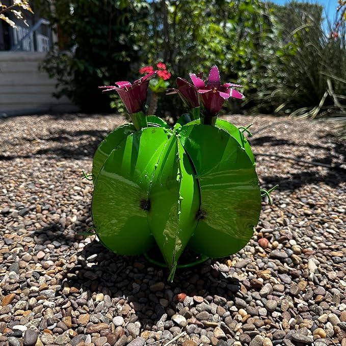 Handmade Metal Bisnaga Cactus with Flowers - Garden Art Decor (Lime)
