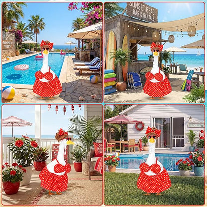 Abbylike 1 Set Summer Bikini Porch Goose Outfit Red Polka Dot Bikini Yard Goose Hawaiian Clothes with Sunglasses and Wigs Fits Large 23'' H Cement for Outdoor Garden Patio Pathway Statue Art Decor