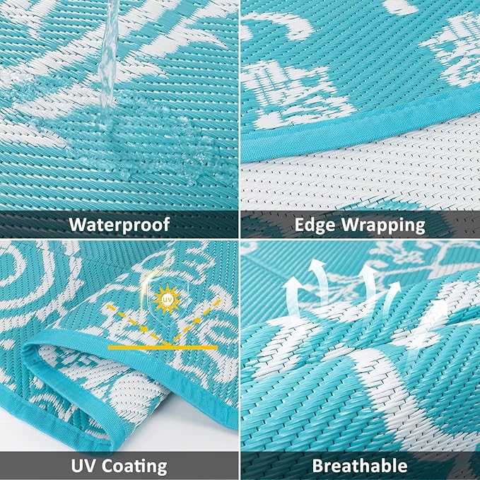 Pauwer Waterproof Outdoor Rug 8ft, Reversible Plastic Straw Patio Camping Rug, Indoor Outdoor RV Mat Carpet for Deck, Camper, Porch, Balcony, Backyard, Picnic, Boho Teal