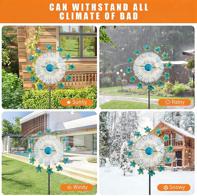 46" Flower Solar Wind Spinners Led Garden Wind Spinner, Sapphire Kinetic Windmill Wind Spinner Outdoor Decor, Solar Wind Sculpture Yard Art for Patio, Lawn & Garden