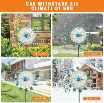 46" Flower Solar Wind Spinners Led Garden Wind Spinner, Sapphire Kinetic Windmill Wind Spinner Outdoor Decor, Solar Wind Sculpture Yard Art for Patio, Lawn & Garden
