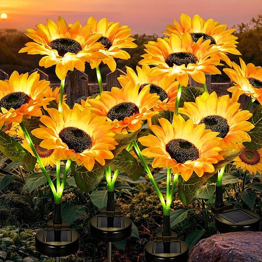 GIGALUMI Solar Garden Lights Artificial Sunflowers, LED Garden Decor Carefree Sunflower Solar Lights Outdoor Yard Decorations Outdoor, Everlasting Sunflower Decor Gift for Yard Patio (Set of 4)