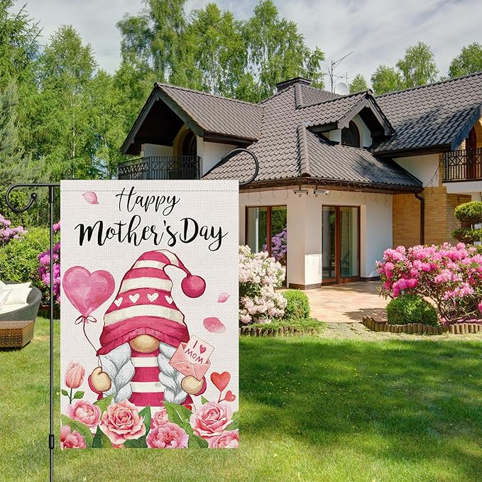 Heyfibro Happy Mother's Day Gnome Garden Flag 12x18 Double Sided Burlap, I Love Mom Flower Rose Love Heart Yard Banner for Spring Outside Outdoor House Mothers Day Decoration (ONLY FLAG)