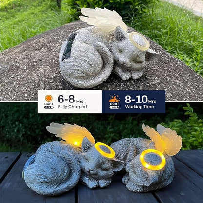 Banax Solar Powered Cat Angel Pet Memorial Tombstone Statue, Big Resin Cat Statue with Angel Wings, Pet Tribute for Tombstone or Outdoor Backyard Garden