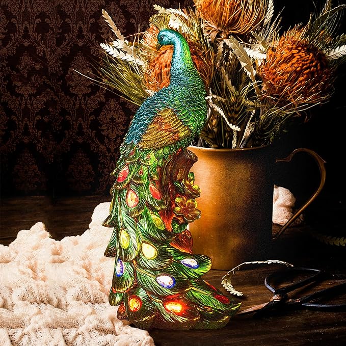 Solar Peacock Statues Garden Outdoor Decor Porch Patio Lawn Yard Art Decorations Peacock Sculpture with LED Lights Birthday Housewarming Christmas Gardening Gifts for Mom Women