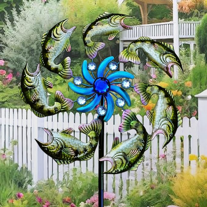 58" Metal Green Fish Wind Spinners Garden Stake -Ocean Theme Windmill Outdoor Decorations, Colorful Garden Wind Spinner Outside Decor, Wind Sculptures Lawn Decor for Yard Patio, Backyard