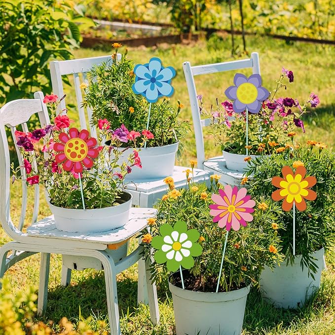 Cinrobiye 12Pcs Spring Floral Flower Planter Stakes Tulip Daisy Pot Signs 5.9Inches Colorful Floral Garden Stake Outdoor Lawn for Spring Party Patio Yard Outside Greetings Home Farmhouse Decor