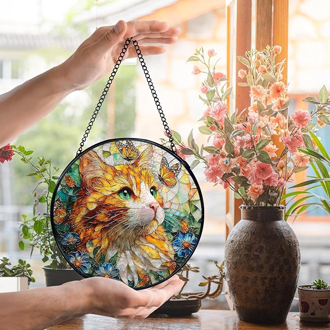 Cat Flower Suncatcher Stained Glass Window Hanging, Butterfly Floral Orange Cat Sun Catchers Indoor Window Glass Wall Art Decor, Kitten Floral Wall Hanging Decor, 7.9x7.9 Inch 035-MH-BLGH