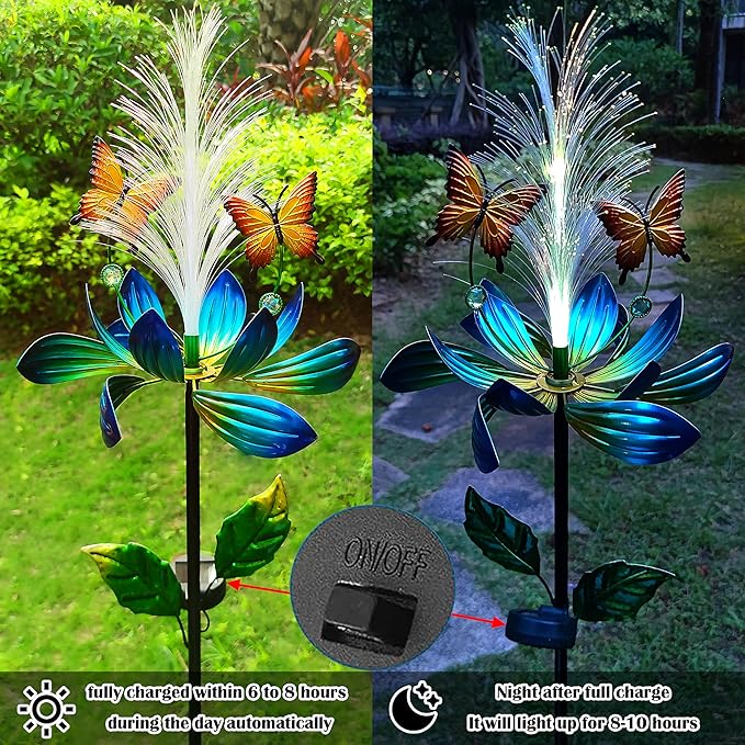 Solar Garden Wind Spinner, Blue Metal Lotus Flower with LED Lights, Butterfly Decorative Stake for Yard, Patio, Lawn